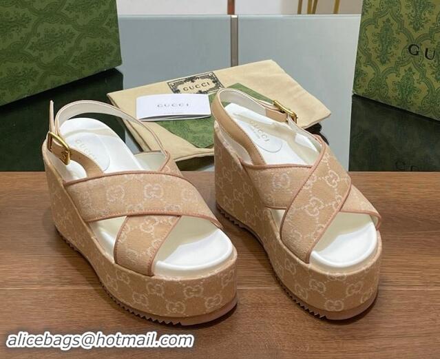 Shop Duplicate Gucci GG Denim Platform Wedge Sandals Beige 7230132