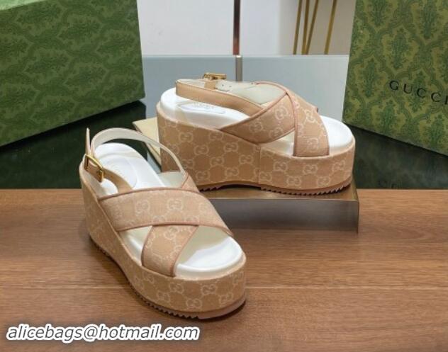 Shop Duplicate Gucci GG Denim Platform Wedge Sandals Beige 7230132