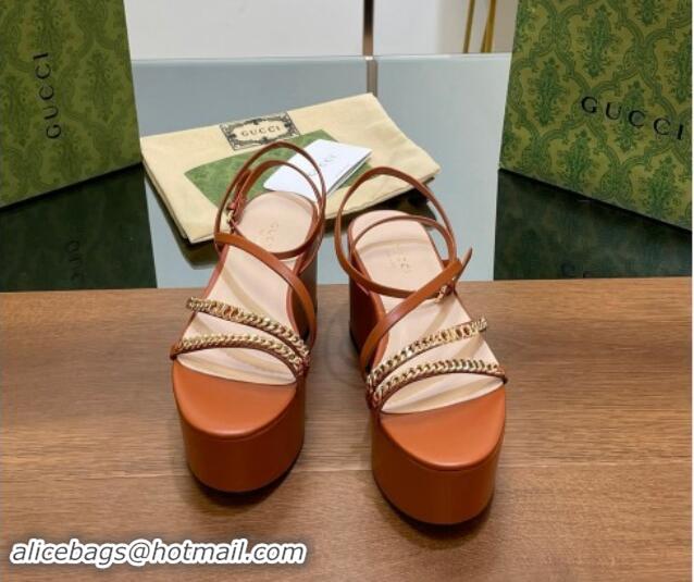 Purchase Gucci Signoria Leather Platform Wedge Sandals with Logo Chain Brown 7230133