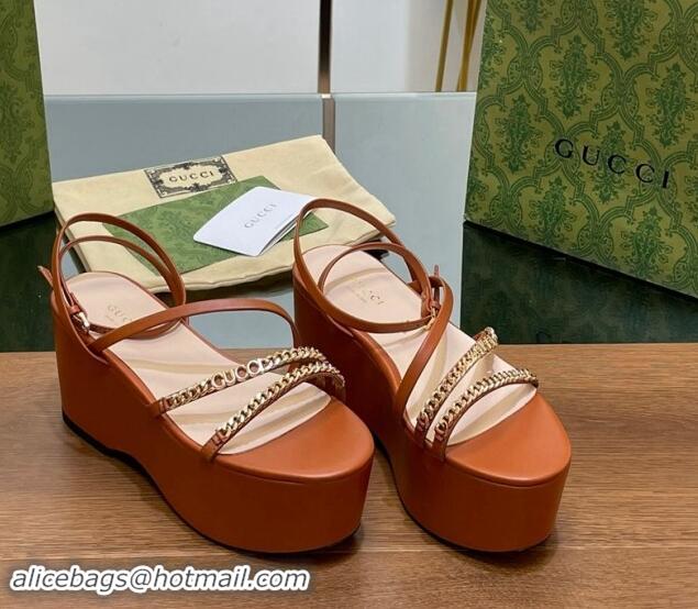 Purchase Gucci Signoria Leather Platform Wedge Sandals with Logo Chain Brown 7230133