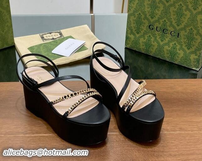 Shop Duplicate Gucci Signoria Leather Platform Wedge Sandals with Logo Chain Black 7230134