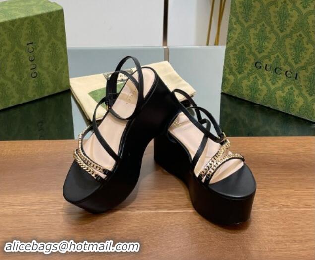 Shop Duplicate Gucci Signoria Leather Platform Wedge Sandals with Logo Chain Black 7230134