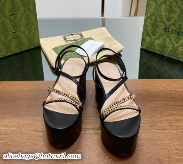 Shop Duplicate Gucci Signoria Leather Platform Wedge Sandals with Logo Chain Black 7230134