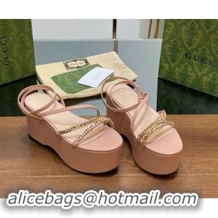 Popular Style Gucci Signoria Leather Platform Wedge Sandals with Logo Chain Light Pink 7230135