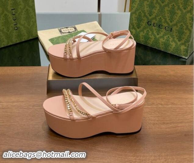 Popular Style Gucci Signoria Leather Platform Wedge Sandals with Logo Chain Light Pink 7230135