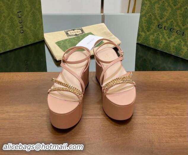 Popular Style Gucci Signoria Leather Platform Wedge Sandals with Logo Chain Light Pink 7230135