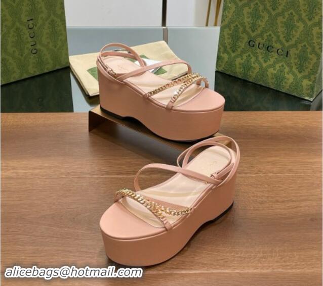 Popular Style Gucci Signoria Leather Platform Wedge Sandals with Logo Chain Light Pink 7230135