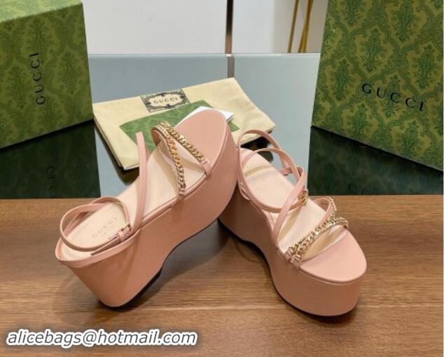 Popular Style Gucci Signoria Leather Platform Wedge Sandals with Logo Chain Light Pink 7230135