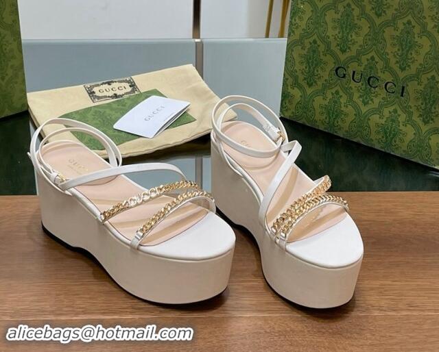 Sumptuous Gucci Signoria Leather Platform Wedge Sandals with Logo Chain White 7230136