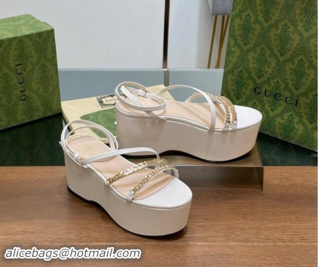 Sumptuous Gucci Signoria Leather Platform Wedge Sandals with Logo Chain White 7230136