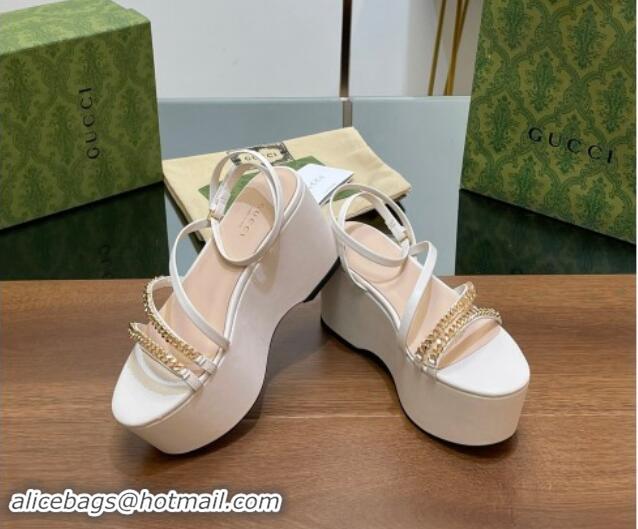 Sumptuous Gucci Signoria Leather Platform Wedge Sandals with Logo Chain White 7230136