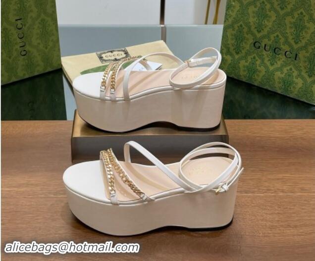 Sumptuous Gucci Signoria Leather Platform Wedge Sandals with Logo Chain White 7230136