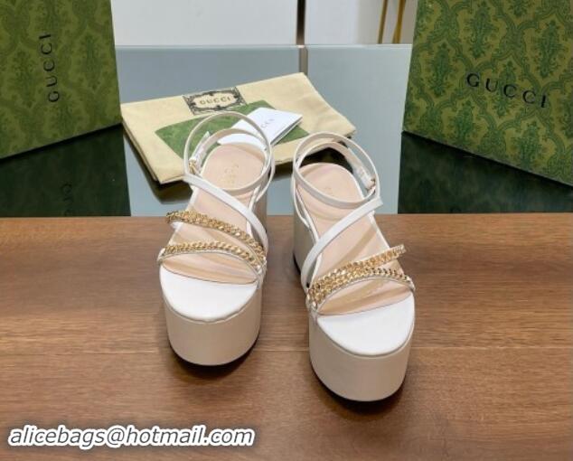 Sumptuous Gucci Signoria Leather Platform Wedge Sandals with Logo Chain White 7230136