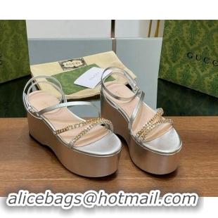 Good Product Gucci Signoria Leather Platform Wedge Sandals with Logo Chain Silver 7230137