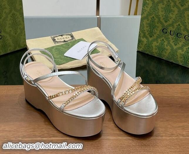 Good Product Gucci Signoria Leather Platform Wedge Sandals with Logo Chain Silver 7230137