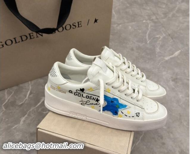 Good Looking Golden Goose Stardan Sneaker in Blue Graffia Printed White Leather 905066