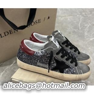 Grade Quality Golden Goose Super-Star Sneakers in silver glitter with black suede star and burgundy tab 905070