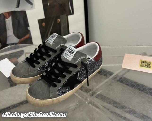 Grade Quality Golden Goose Super-Star Sneakers in silver glitter with black suede star and burgundy tab 905070