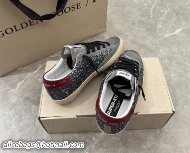 Grade Quality Golden Goose Super-Star Sneakers in silver glitter with black suede star and burgundy tab 905070