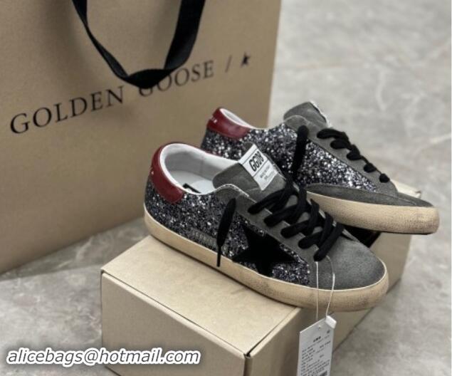 Grade Quality Golden Goose Super-Star Sneakers in silver glitter with black suede star and burgundy tab 905070