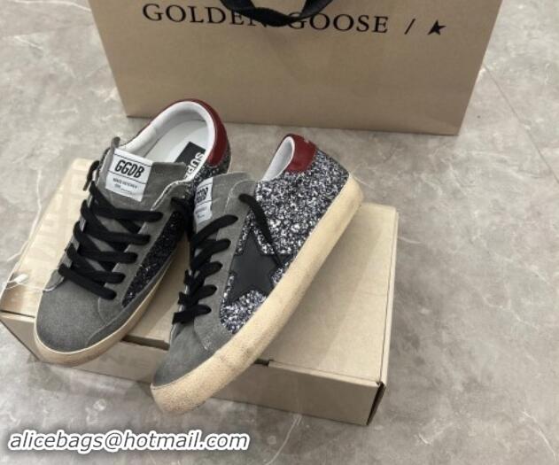 Grade Quality Golden Goose Super-Star Sneakers in silver glitter with black suede star and burgundy tab 905070