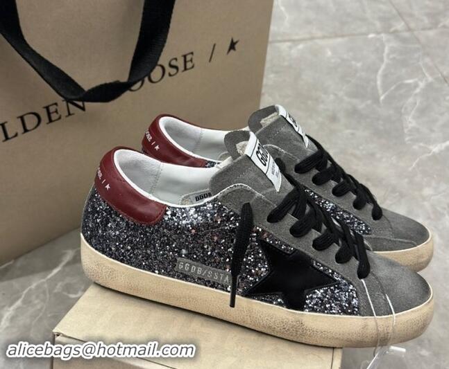 Grade Quality Golden Goose Super-Star Sneakers in silver glitter with black suede star and burgundy tab 905070