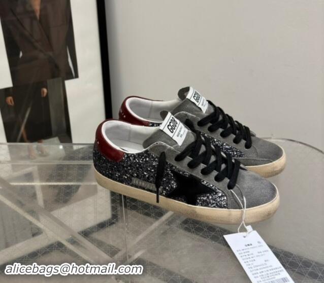 Grade Quality Golden Goose Super-Star Sneakers in silver glitter with black suede star and burgundy tab 905070