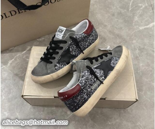 Grade Quality Golden Goose Super-Star Sneakers in silver glitter with black suede star and burgundy tab 905070