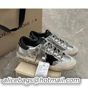 Pretty Style Golden Goose Super-Star Sneakers in Embossed silver leather with Black Leather star and heel tab 009048