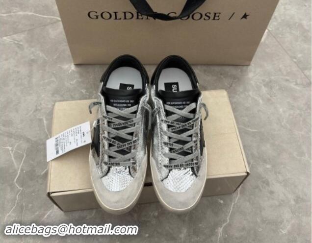 Pretty Style Golden Goose Super-Star Sneakers in Embossed silver leather with Black Leather star and heel tab 009048