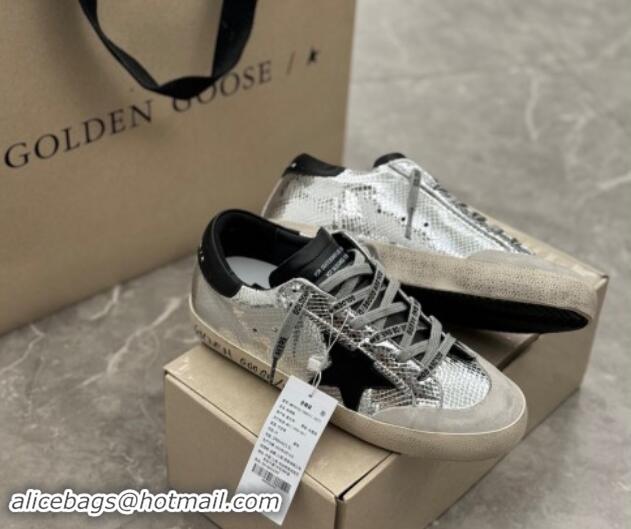 Pretty Style Golden Goose Super-Star Sneakers in Embossed silver leather with Black Leather star and heel tab 009048