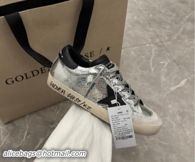 Pretty Style Golden Goose Super-Star Sneakers in Embossed silver leather with Black Leather star and heel tab 009048