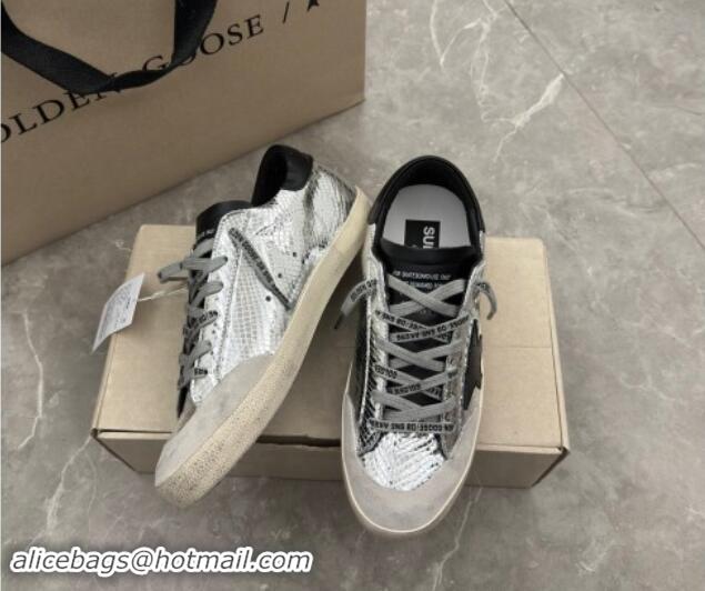 Pretty Style Golden Goose Super-Star Sneakers in Embossed silver leather with Black Leather star and heel tab 009048