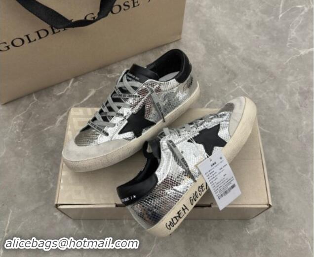 Pretty Style Golden Goose Super-Star Sneakers in Embossed silver leather with Black Leather star and heel tab 009048