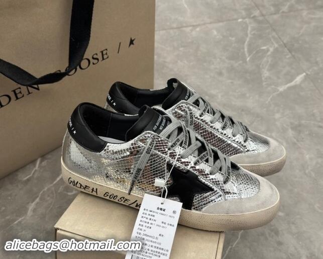 Pretty Style Golden Goose Super-Star Sneakers in Embossed silver leather with Black Leather star and heel tab 009048