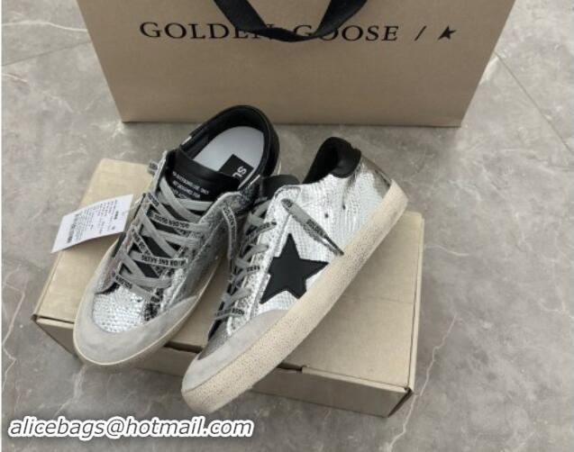 Pretty Style Golden Goose Super-Star Sneakers in Embossed silver leather with Black Leather star and heel tab 009048