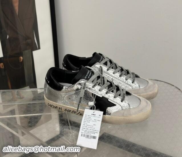 Pretty Style Golden Goose Super-Star Sneakers in Embossed silver leather with Black Leather star and heel tab 009048