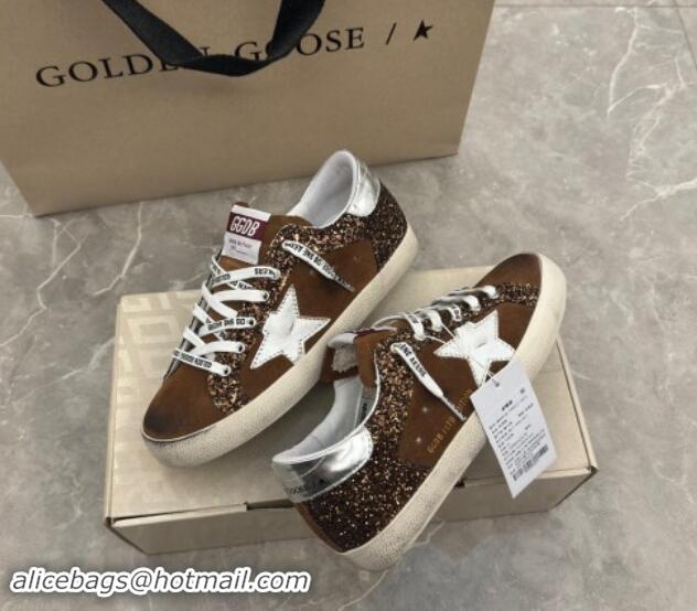 Luxurious Golden Goose Super-Star LTD Sneakers in brown glitter and suede with silver leather star and heel tab 009050