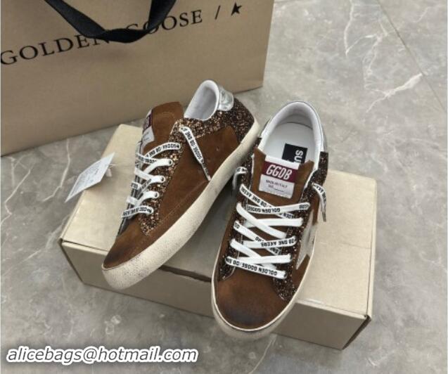 Luxurious Golden Goose Super-Star LTD Sneakers in brown glitter and suede with silver leather star and heel tab 009050