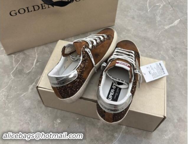 Luxurious Golden Goose Super-Star LTD Sneakers in brown glitter and suede with silver leather star and heel tab 009050