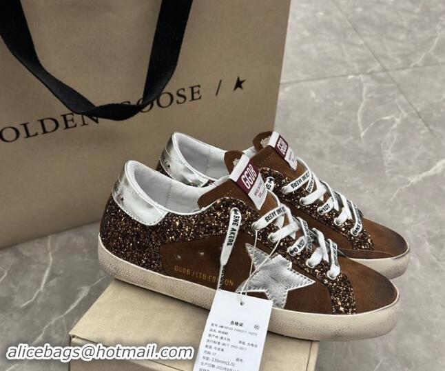 Luxurious Golden Goose Super-Star LTD Sneakers in brown glitter and suede with silver leather star and heel tab 009050