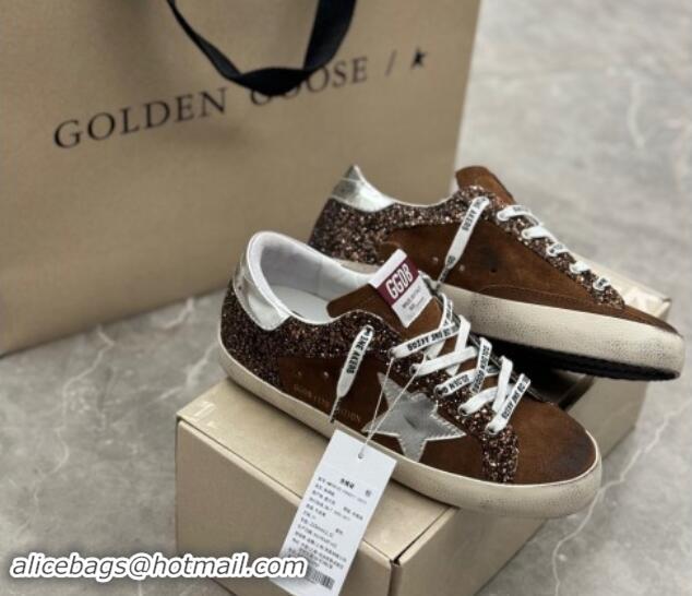 Luxurious Golden Goose Super-Star LTD Sneakers in brown glitter and suede with silver leather star and heel tab 009050