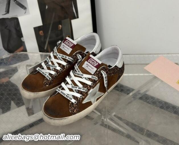 Luxurious Golden Goose Super-Star LTD Sneakers in brown glitter and suede with silver leather star and heel tab 009050