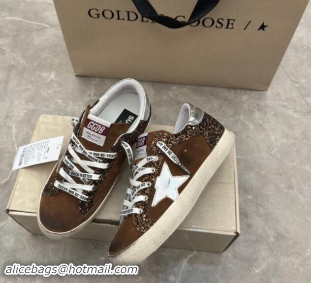 Luxurious Golden Goose Super-Star LTD Sneakers in brown glitter and suede with silver leather star and heel tab 009050