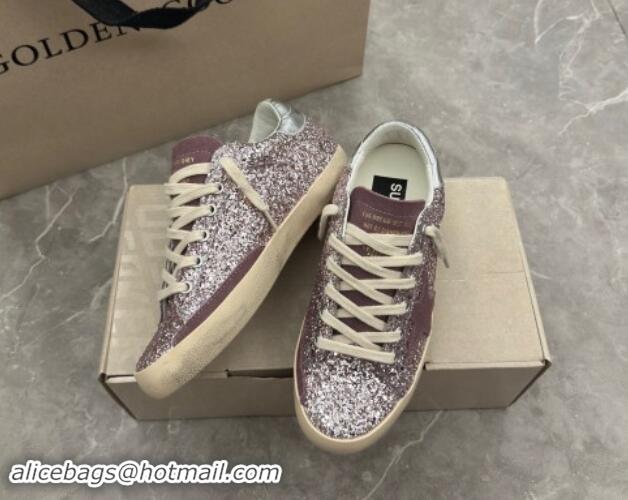 Most Popular Golden Goose Super-Star LTD Sneakers in dusty purple glitter with suede star and silver heel tab 009051