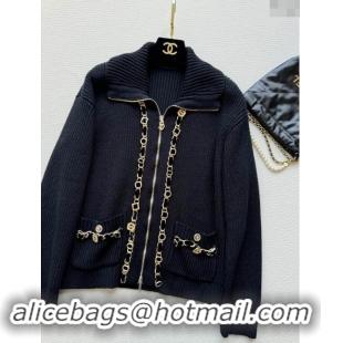 ​Buy Discount Chanel Zipped Wool Cardigan with Chain CH101203 Black 2024