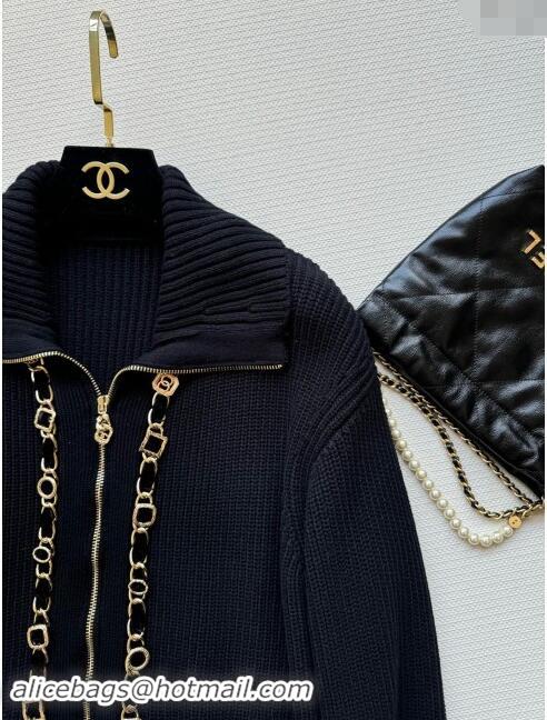 ​Buy Discount Chanel Zipped Wool Cardigan with Chain CH101203 Black 2024