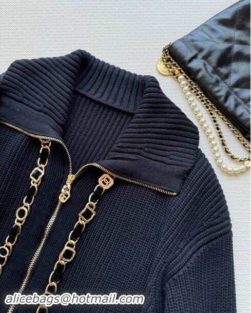 ​Buy Discount Chanel Zipped Wool Cardigan with Chain CH101203 Black 2024