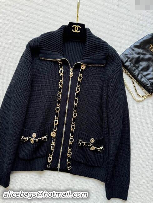 ​Buy Discount Chanel Zipped Wool Cardigan with Chain CH101203 Black 2024