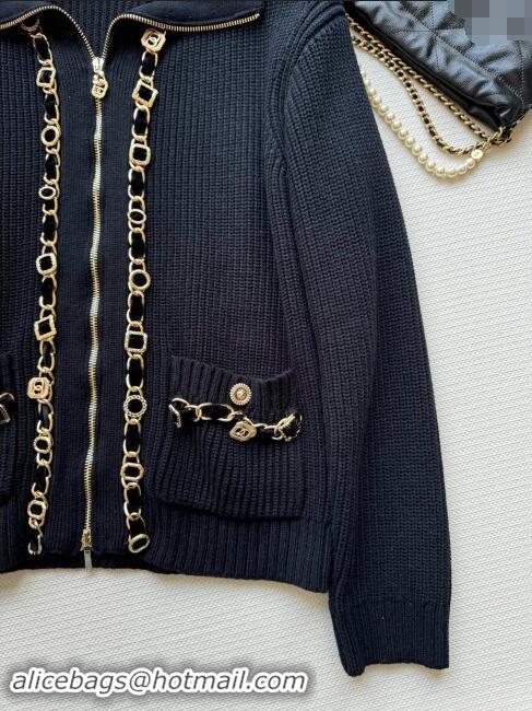 ​Buy Discount Chanel Zipped Wool Cardigan with Chain CH101203 Black 2024